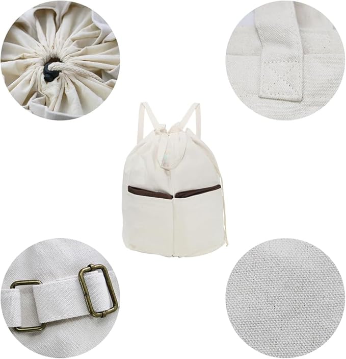 100% Breathable Cotton Canvas Laundry Backpack Bags with Drawstring Closure & Shoulder Straps & 2 Handles, Washable in Machine, Good for Laundromat, Clean Store, College Dormitory, Travel Duffel Bag