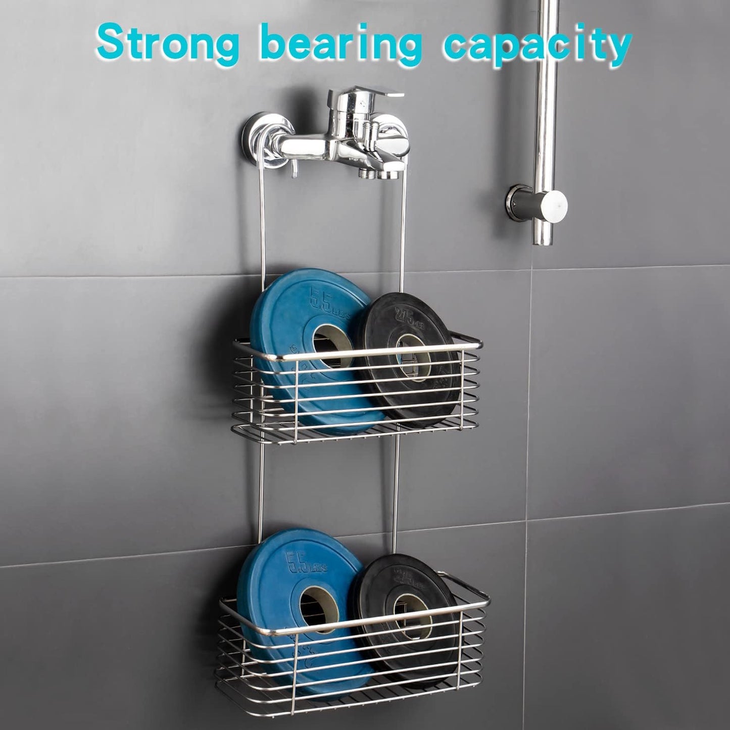YQh Stainless steel double-layer shower rack, shower room hanging bathroom organizer, storage rack installed on the hanging bar or door, can store shampoo, hair conditioner, shower gel (double)