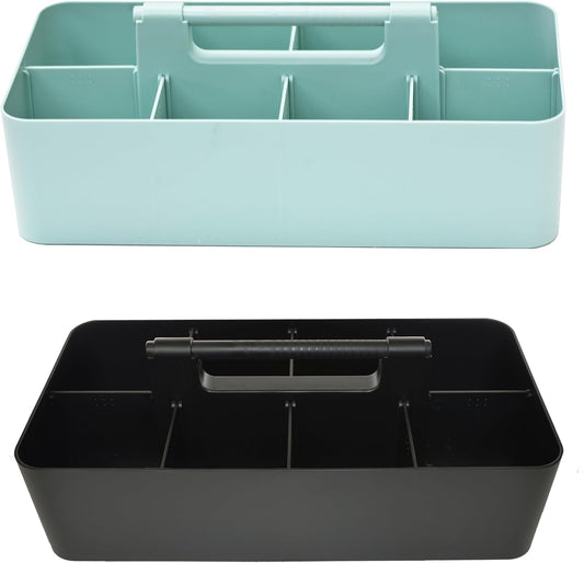 Portable Caddy Organizer -2 Stackable Plastic Caddy with Handle | Desk, Makeup, Dorm Caddy, Classroom Art Organizers (Made In Usa) (Black/Mint)