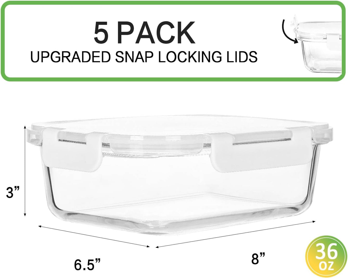 [5-Packs, 36 Oz.] Glass Meal Prep Containers with Locking Lids Glass Food Containers,Airtight Lunch Container,Microwave, Oven, Freezer and Dishwasher (4.5 Cup, White)