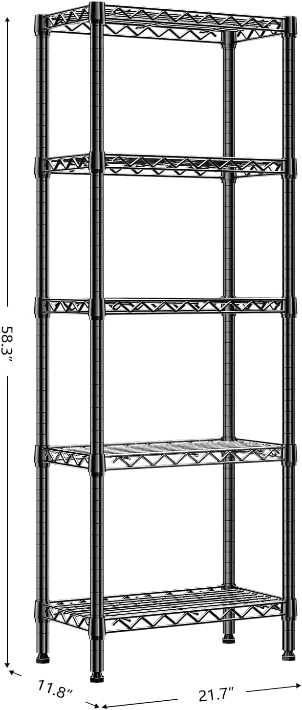 450 lbs Storage Shelves 5 Tier Shelving Units for Storage, Steel Organizer Wire Rack, Adjustable Height, Wire Shelving Unit for Bathroom Kitchen Closet, Black 11.8" D x 21.7" W x 58.3" H