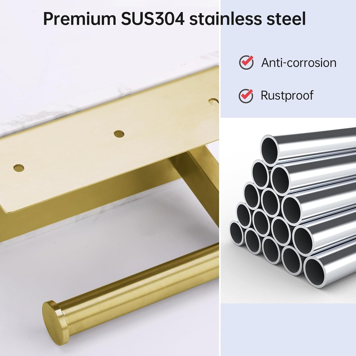 Toilet Paper Holder with Marble Shelf, SUS304 Brushed Gold Stainless Steel Wall Mounted Natural Marble Toilet Paper Holder and 2PCS Adhesive Hooks for Bathroom Washroom