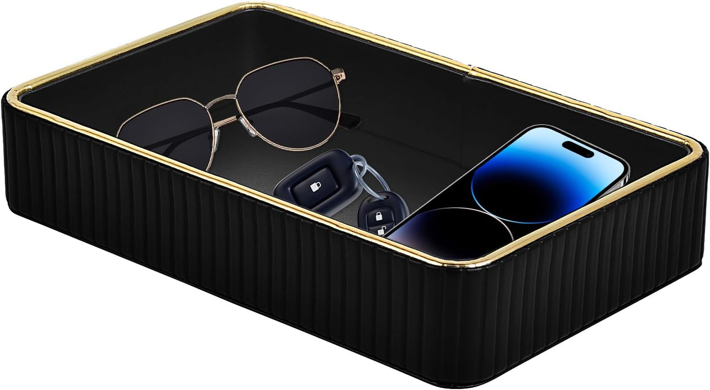 PU Leather Valet Tray,Desk Organizer Tray Nightstand Organizer Trinket Dish Storage Key Bowl Decorative Trays for Phone Wallet Jewelry Watch,Bathroom Bedroom Perfume Vanity Trays,Black