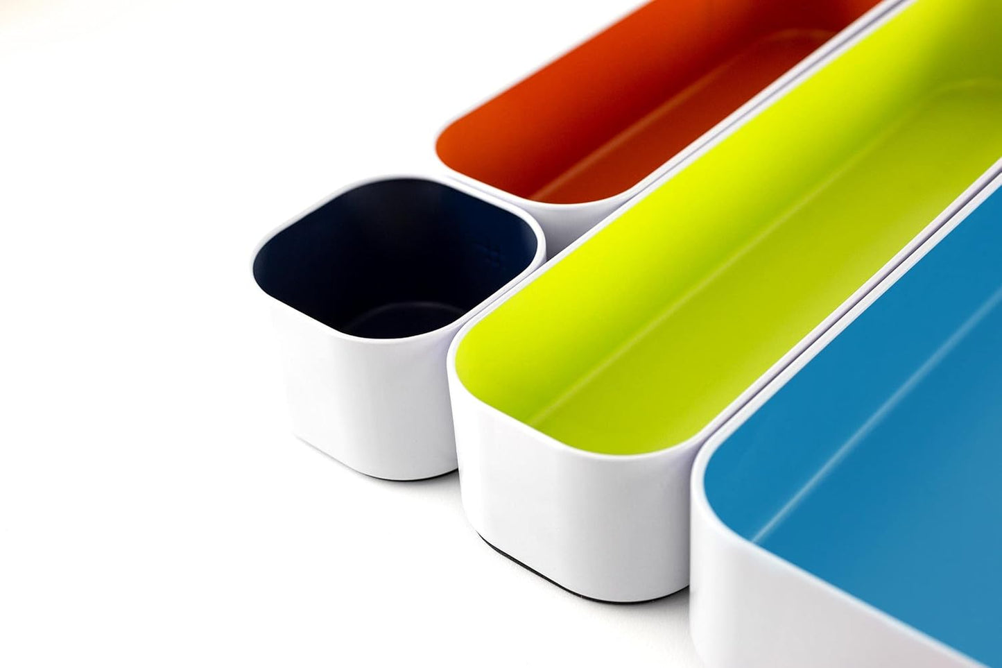 Three by Three Seattle 10 Piece Metal Organizer Tray Set for Storing Makeup, Stationery, Utensils, and More in Office Desk, Kitchen and Bathroom Drawers (2 Inch, Assorted Colors)