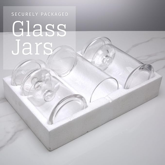 Set of 3 Glass Apothecary Jars with Lids, Clear Bathroom Storage Organizer Canister Set for Qtips, Cotton Swabs, Cotton Balls, Bath Salts (H: 11", 8.5", 7.5", D: 5"; 23 FL.OZ, 34 FL.OZ and 45 FL.OZ)