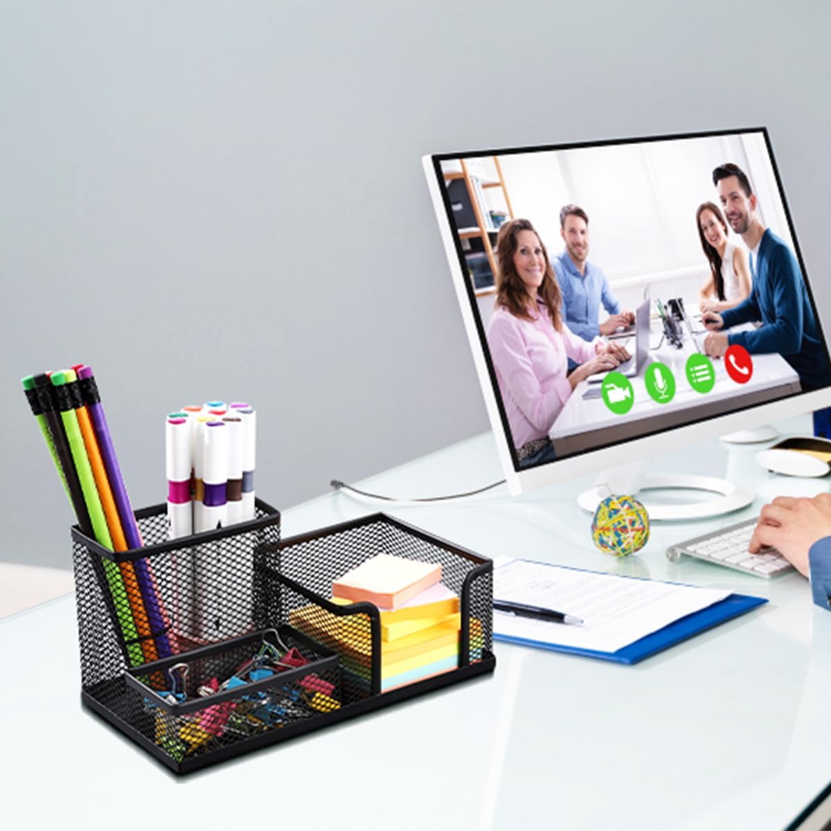 2-Piece Desk Pen & Pencil Organizer - Mesh Metal Pen Cup with Sticky Notes Holder, Black