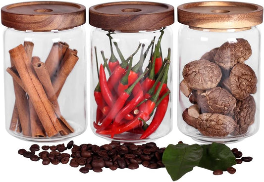 SAIOOL Glass Jars, Food Storage Containers with Airtight Acacia Lids, 20FL OZ(600ml) Glass Canisters Set-3, Clear Containers Suit for Storing Tea, Coffee, Flour, Candy, Cookie, Rice, Sugar, Pasta