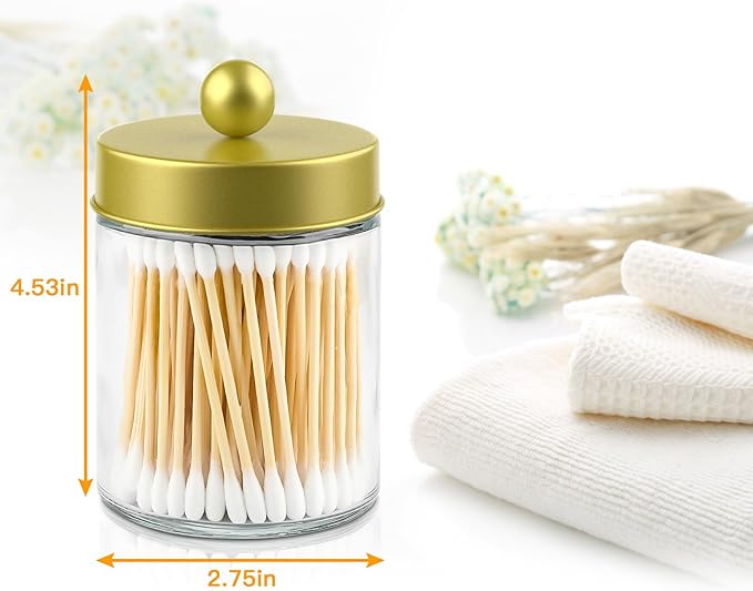 4 Pack Glass Apothecary Jars with Lids for Bathroom, Cute Qtip Holder, Gold Bathroom Accessories Set, Small Bathroom Canisters with Lids for Q-Tips, Cotton Swabs, Gold Bathhouses Decor