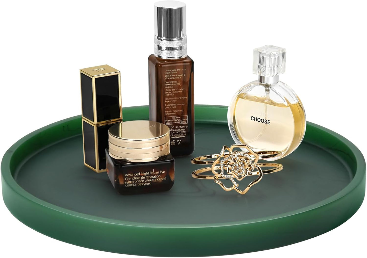 Emibele Vanity Tray, Resin Round Tray Decorative Storage Organizer for Bathroom Toilet Tank Bedroom Kitchen Countertop, Jewelry Storage Dresser for Candle,Lotion Bottle,Cosmetics, Matte Ink Green