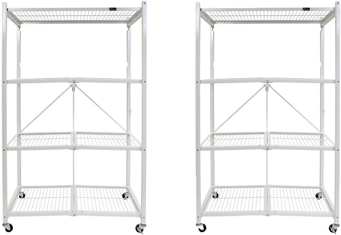 Origami 2-Pack R5 Storage Rack, 4-Tier Heavy-Duty Foldable Steel Shelf with Wheels, White