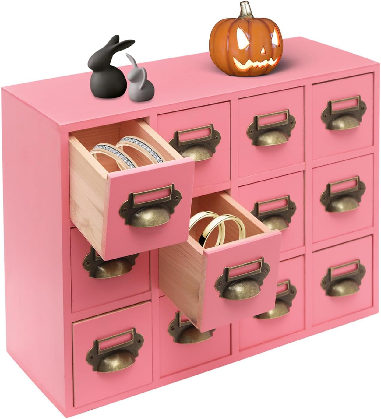 3-Tier Storage Cabinet, 12-Drawer Wooden Organizer with Metal Handles, Wooden Medicine Cabinet, Vintage Brown Solid Wood & Alloy Desktop Storage Shelf for Households, Offices (Pink)