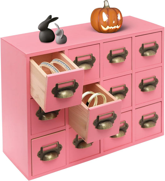 3-Tier Storage Cabinet, 12-Drawer Wooden Organizer with Metal Handles, Wooden Medicine Cabinet, Vintage Brown Solid Wood & Alloy Desktop Storage Shelf for Households, Offices (Pink)