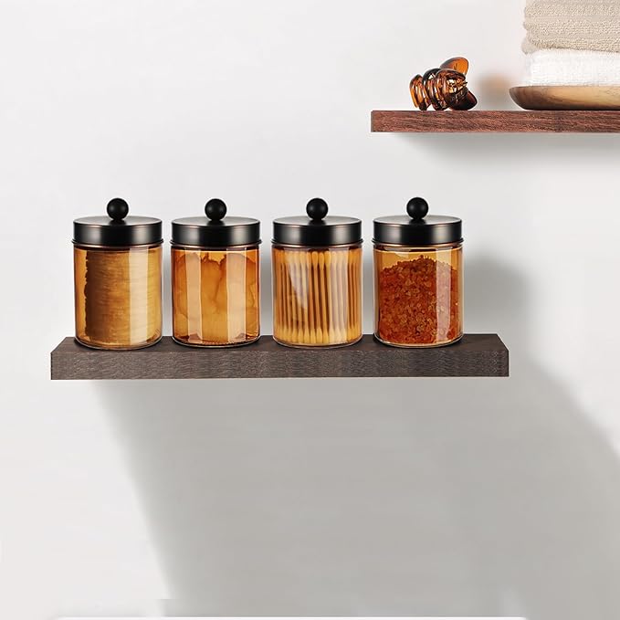 Amolliar Amber Bronze Glass Apothecary Jar With Metal Lid & Labels, Bathroom Qtip Holder Dispenser Storage Canister, Perfect for Cotton Balls, Cotton Swabs, Makeup Pads, Bath Salt, Floss, 2 Pack (ORB)