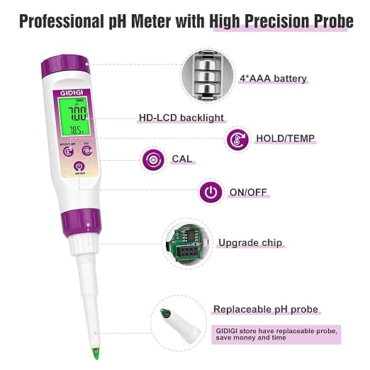 pH Meter Food Digital Electronic pH Tester for Fermentation 3*50ml pH Buffer Calibration Solution Kits Hot Sauce Food Tester Probe for Cheese Sourdough pH Temperature pH Test Strips for Acidity