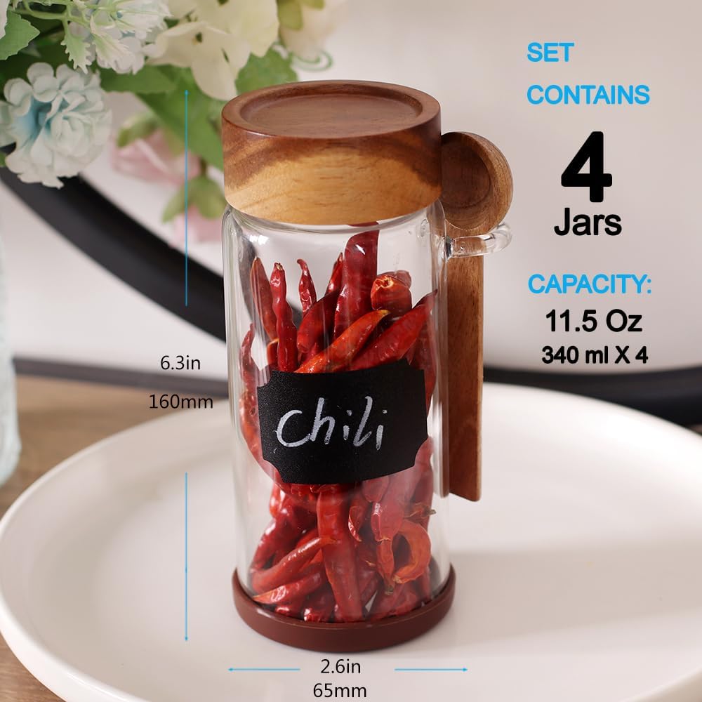 SAIOOL High Bprosilicate Glass 4 Pack Spice Jars with Label and Spoons,Overnight Oats Containers with Acacia Airtight Lids,Glass Food Storage Jars, Coffee Bar (Acacia 11.5 OZ*4)