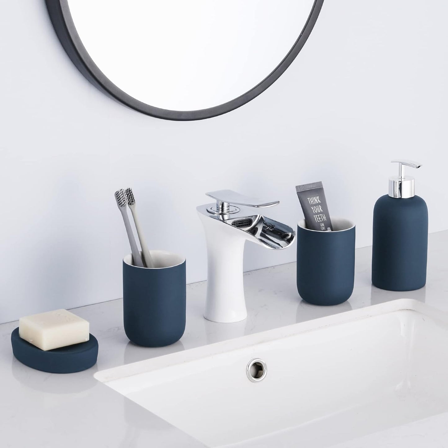 Hoomtaook Bathroom-Accessory Sets, 4 Pieces Ceramic, Including Soap Dispenser Pump, Tumbler, Soap Dish(Blue)