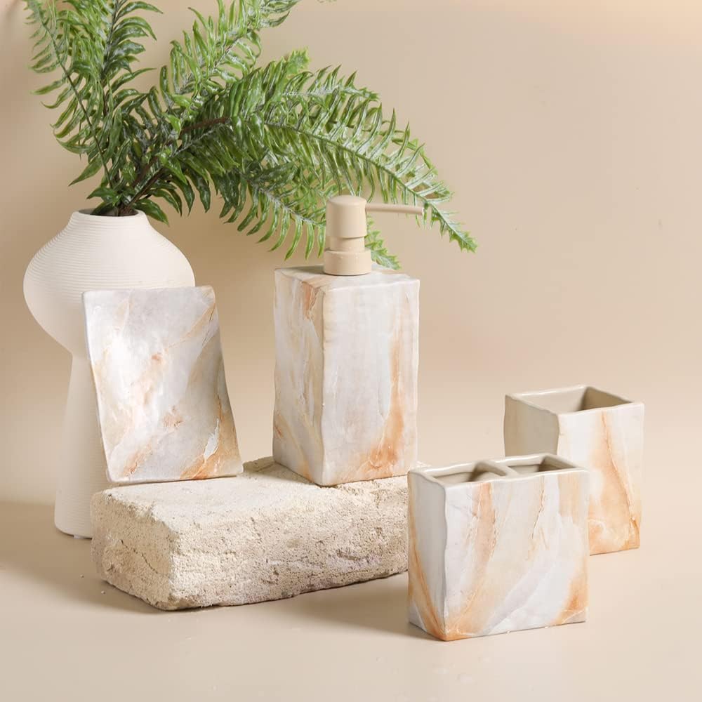Bathroom Accessories Set 4 Pcs Marble Look Sets Toothbrush Holder Soap Dispenser Counter Top Ceramic Bathroom Decor Set Beige