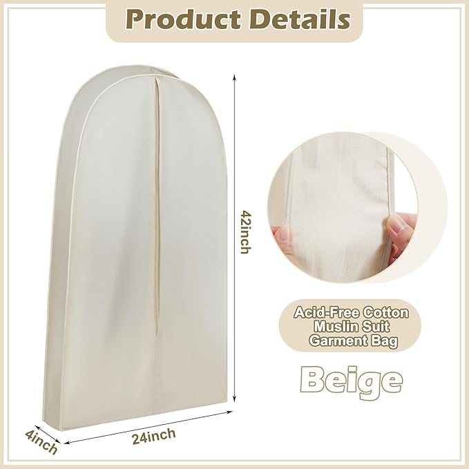 42 Inch Acid Free Cotton Muslin Suit Garment Bag Long Dress Suit Storage Box Closet Organizer for Suits, Coats, Travel Bag
