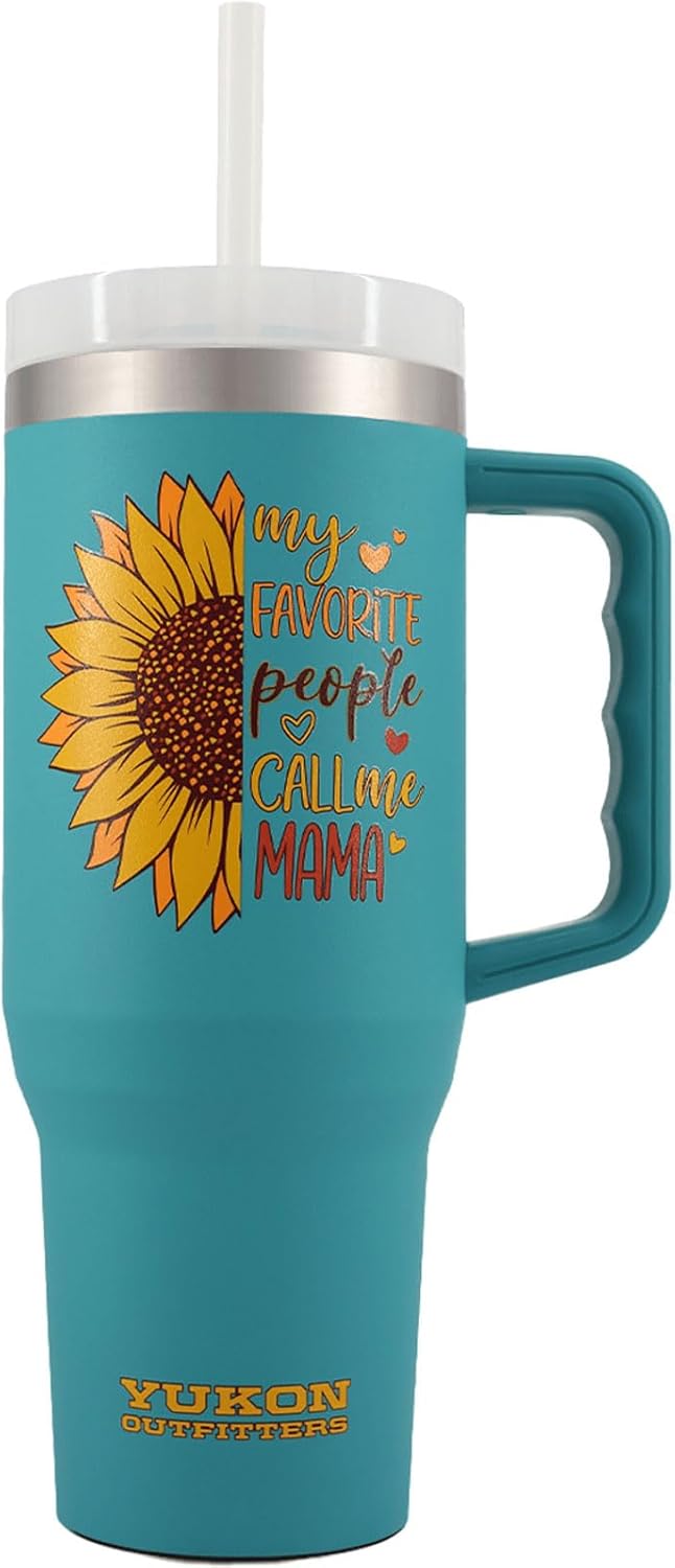 Yukon Outfitters Fit Forty 40oz Double Wall Vacuum Insulated Stainless Steel Tumbler with Reusable Straw & Ergonomic Handle | For Hot or Cold Beverage, Mama Sunflower