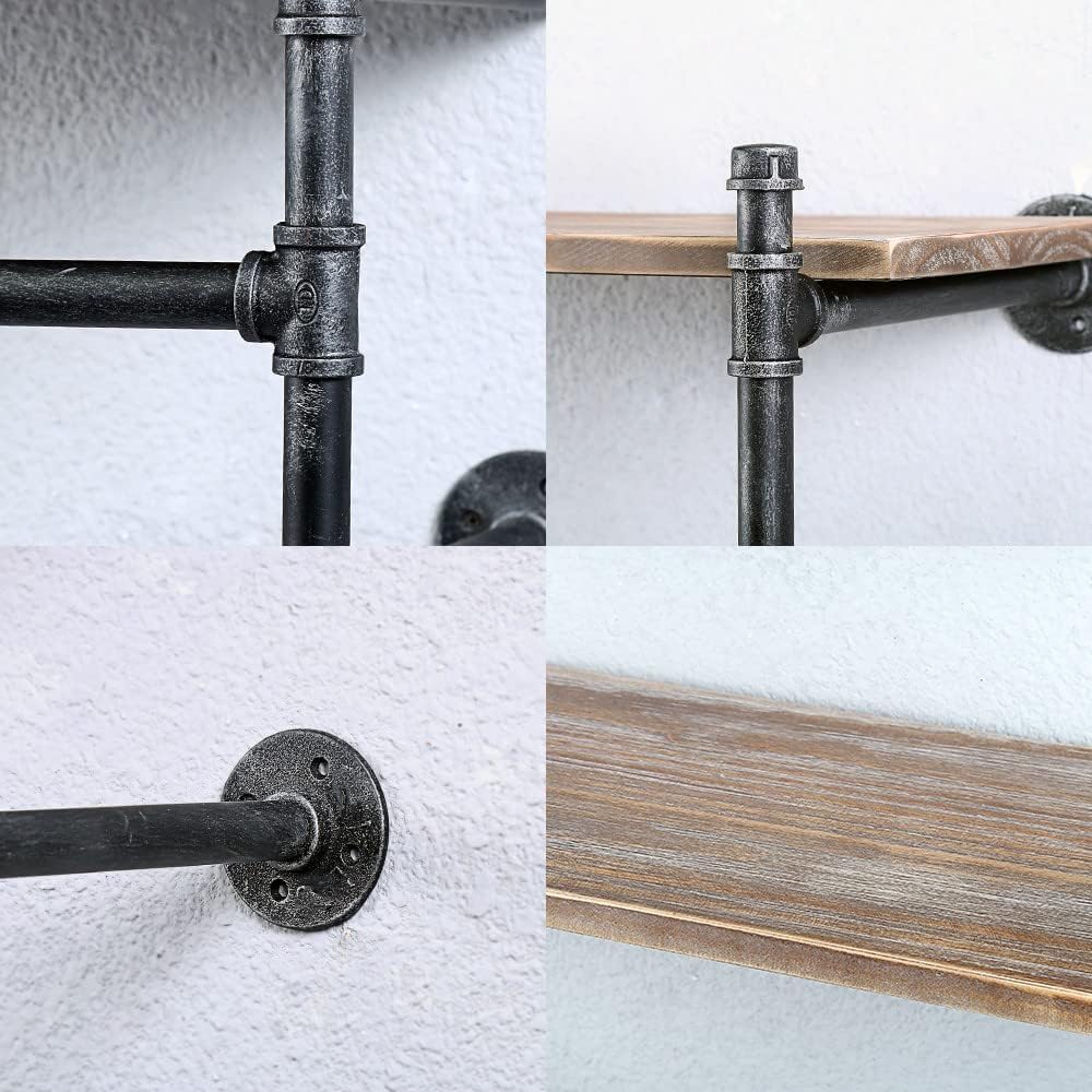 Industrial Pipe Clothing Rack Wall Mounted with Real Wood Shelf,Pipe Shelving Floating Shelves Wall Shelf,48in Retail Clothes Racks Display Rack