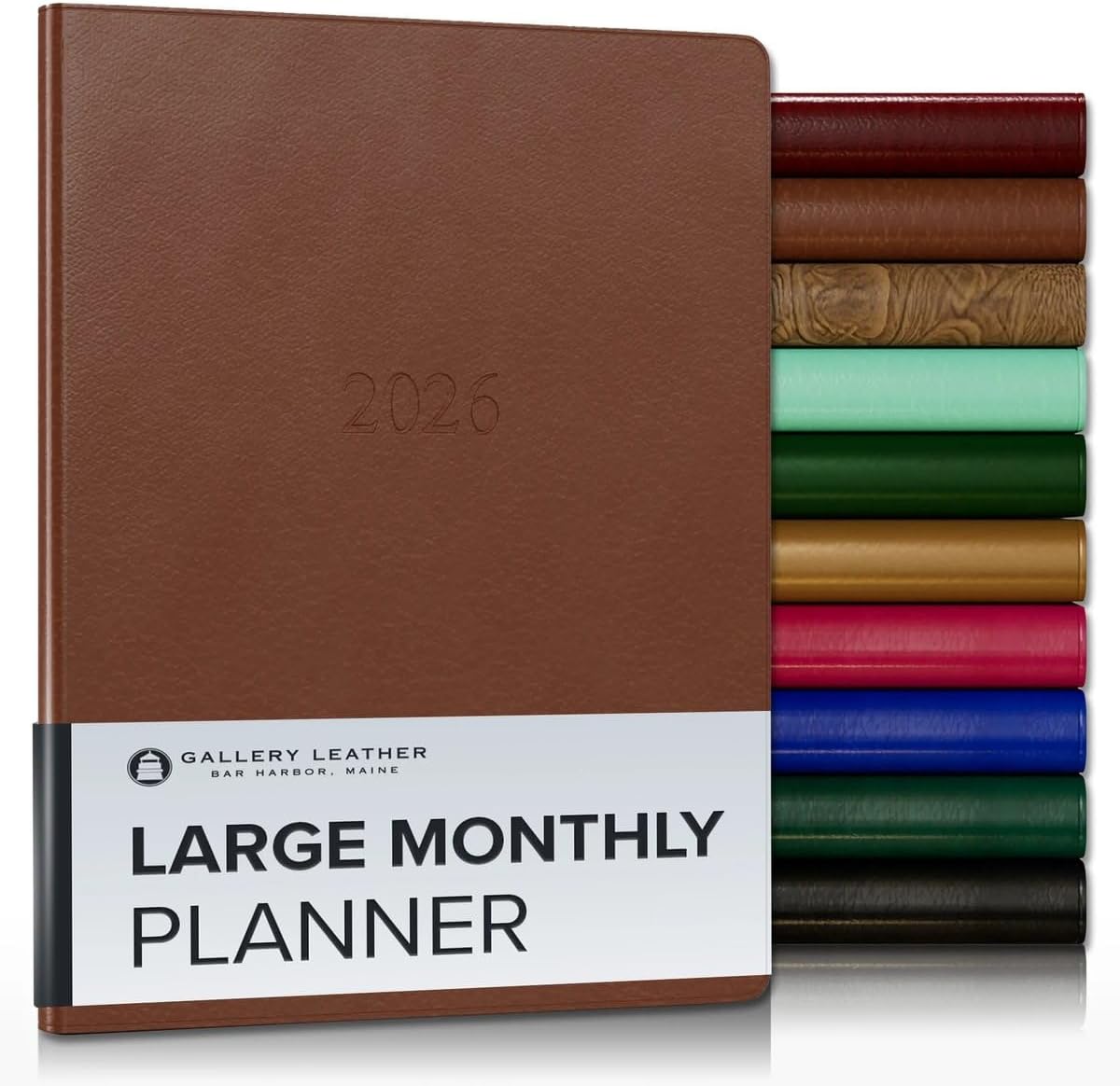 Gallery Leather Large Monthly Planner 2025-2026, Elegantly Bound Calendar Planner and Notebook with Stylish Gold-Gilded Page Edges, 18 Months - Monhegan Saddle - 9.75x7.5"