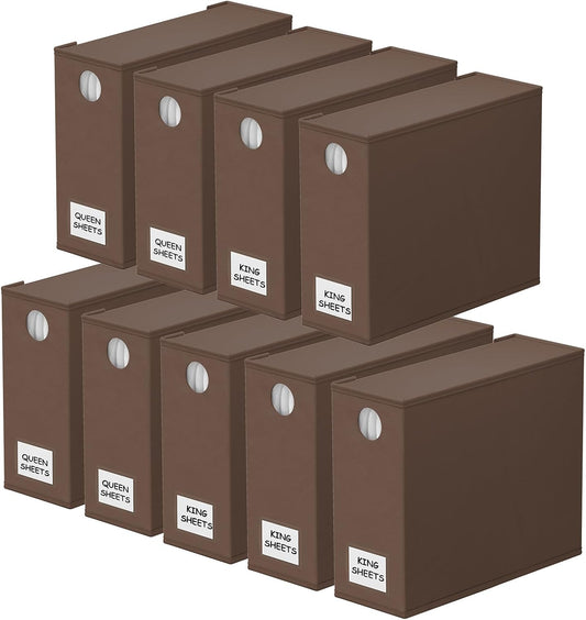 SpaceAid 9 Pack Bed Sheet Organizers and Storage, Foldable Sheet Organizer with Window for Linen Closet, Set Folder Keeper for Queen & King Size Bedding Storage (Brown)