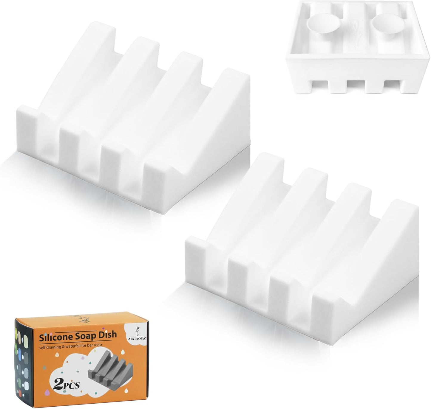 Silicone Soap Dish with Drain, Upgrade Double Suction Cups at The Bottom for Anti-Slip and Stability, Soap Dish Shower Waterfall Bar Soap Holder Tray with Drain Soap Holder (2, White)