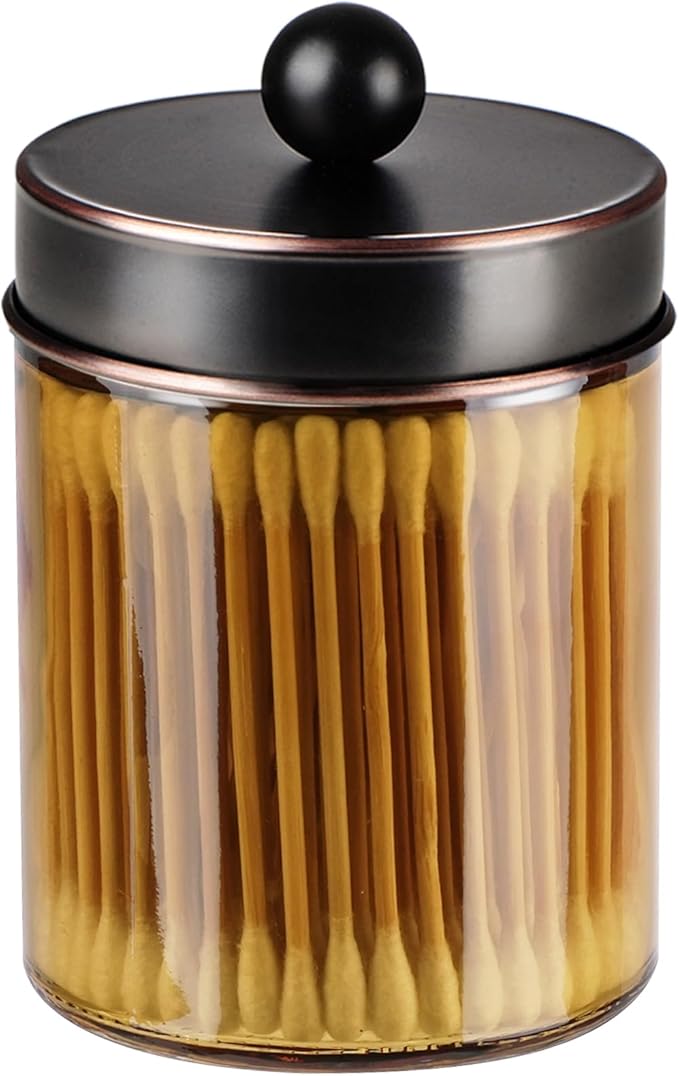 Amolliar Bronze Glass Apothecary Jar With Metal Lid & Stickers, Bathroom Qtip Dispenser Storage Canister, Perfect for Cotton Balls, Cotton Swabs, Makeup Pads, Bath Salt, Floss 1 Pack(ORB)