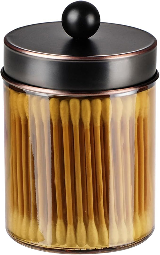 Amolliar Bronze Glass Apothecary Jar With Metal Lid & Stickers, Bathroom Qtip Dispenser Storage Canister, Perfect for Cotton Balls, Cotton Swabs, Makeup Pads, Bath Salt, Floss 1 Pack(ORB)