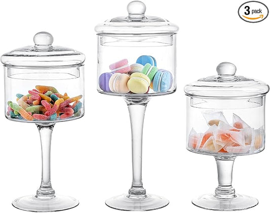 MyGift 3-Piece Clear Glass Apothecary Candy Jar Set with Lids – Decorative Party Display Containers for Wedding Centerpieces, Dessert Tables, Kitchen Counter Storage, and Bathroom Décor
