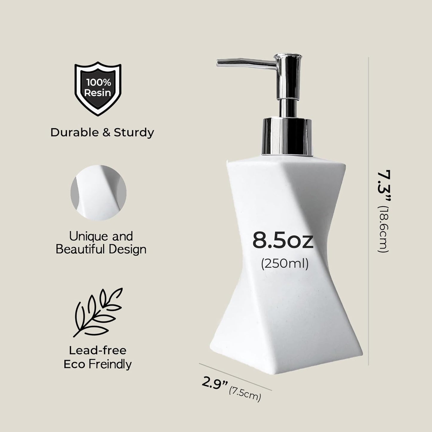 Modern White Soap Dispenser with Silver Pump for Bathroom and Kitchen, Contemporary Art Style, Matte Finish, Rust Proof, 8.5oz (Arctic White)