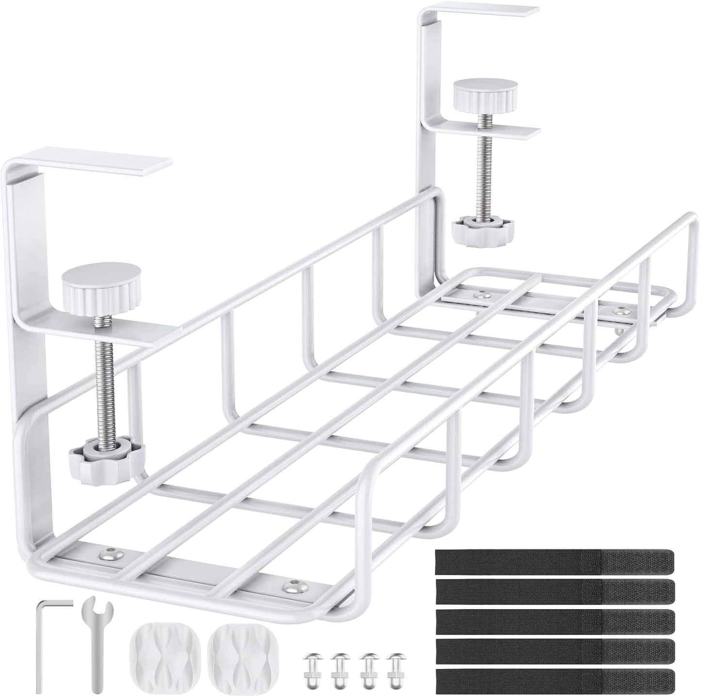Under Desk Cable Management Tray, 31.5'' No Drill Steel Cable Tray Organizers, Wire Management Tray Cable Rack with Clamp Mount, Metal Under Desk Tray with Wire and Cord Organizer (White, 1 Pack)