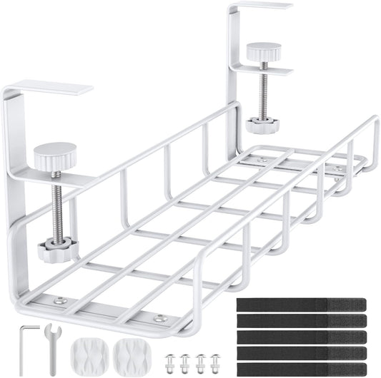 Under Desk Cable Management Tray, 31.5'' No Drill Steel Cable Tray Organizers, Wire Management Tray Cable Rack with Clamp Mount, Metal Under Desk Tray with Wire and Cord Organizer (White, 1 Pack)