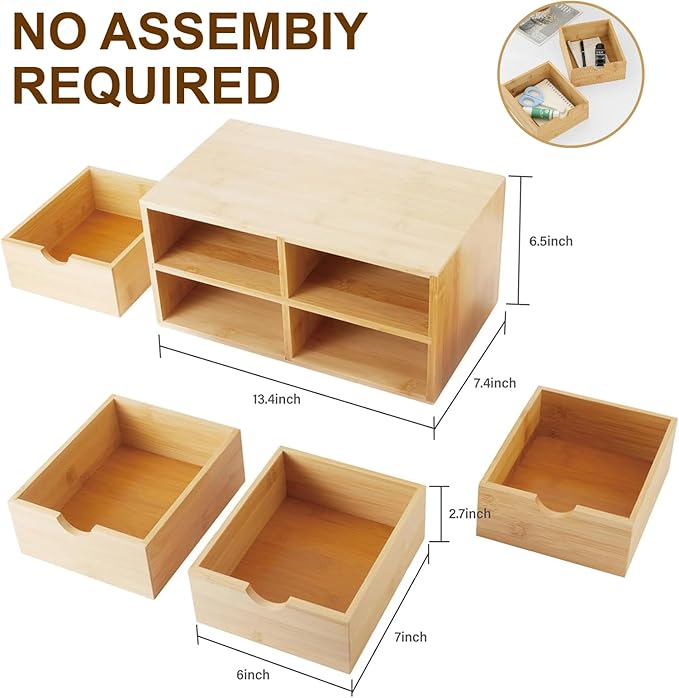 Bamboo Desk Organizer with 4 Drawers – Countertop Storage Box for Makeup, Office Supplies, and Home Essentials – Stylish Tabletop Organizer for Workspace or Bathroom