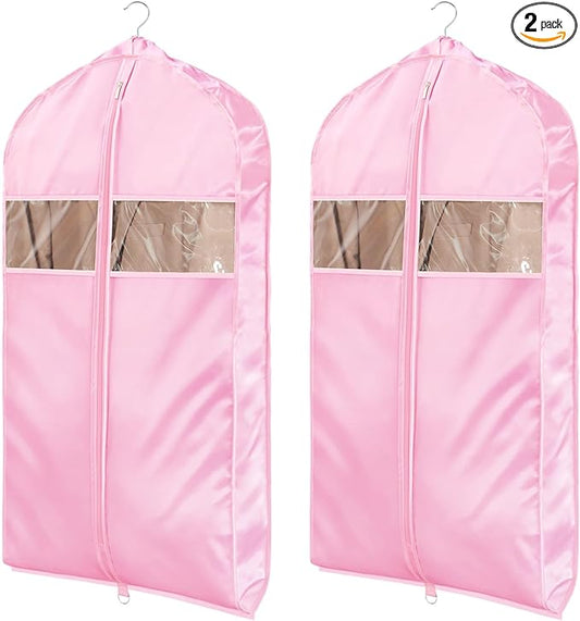 Univivi Super Soft Satin Garment Bags for Hanging Clothes, 43 Inch Zippered Suit Cover with Gussets, Breathable & Non-smell for Suits, Coats, Jackets, Shirts, 2 Pack - Pink