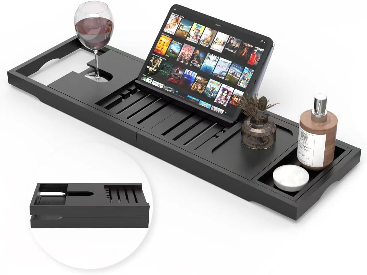 Foldable Bathtub Tray - Expandable Bamboo Bath Caddy Tray for Tub - Luxury Wood Bath Accessories, Perfect Spa Experience for New Home - Unique House Warming Gifts for Mom, Women, Couples