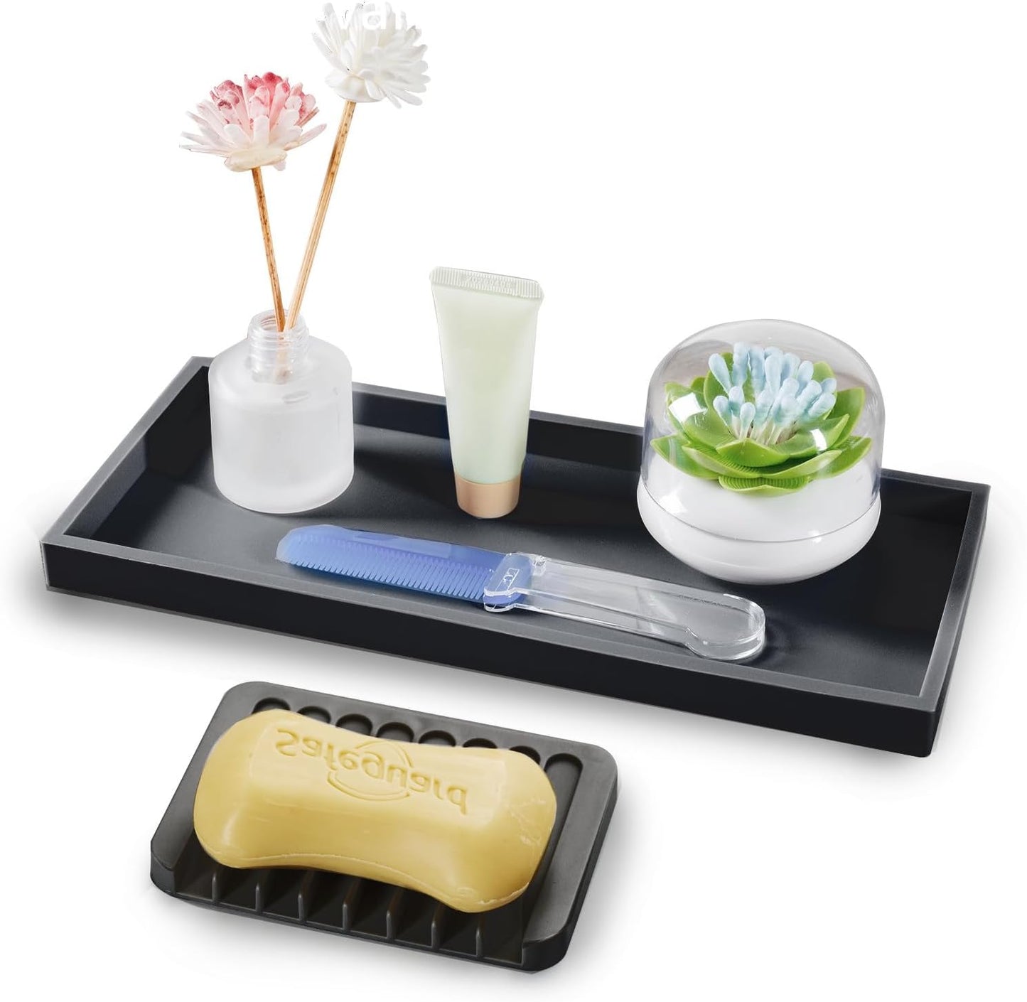 Bloss Vanity Tray with Soap Dish - 11.8" BathroomTrays, Silicone Vanity Tray, Marble Countertop Trays, Toilet Tank Tray, Kitchen Counter Trays