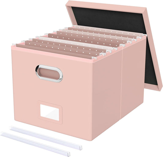 Oterri File Organizer Box with Lid, Portable Hanging File Box for Letter/Legal Files, Office/Decor/Home, Cream-pink (Leather), 1 Pack