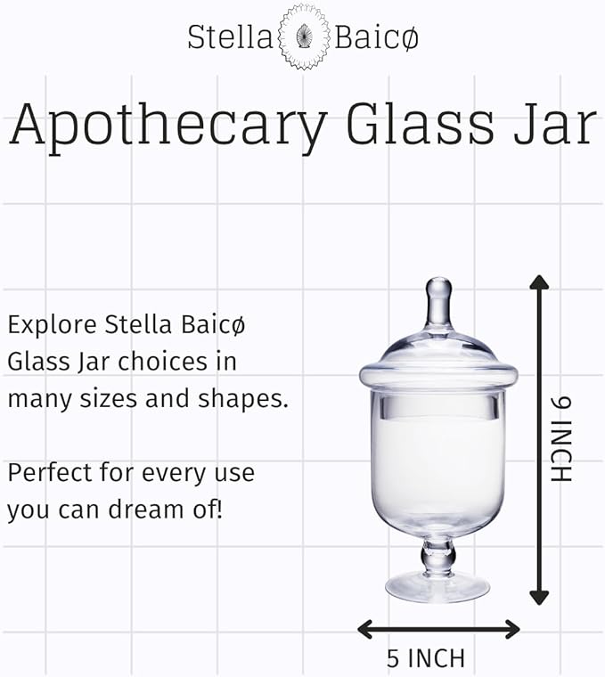 Small Glass Apothecary Jars with Lid, Clear Candy Jar with Lid, Cute Small Decorative Glass Jars for Wedding, Display and Home Decor, Glass Canisters (Height: 9", Diameter: 5")