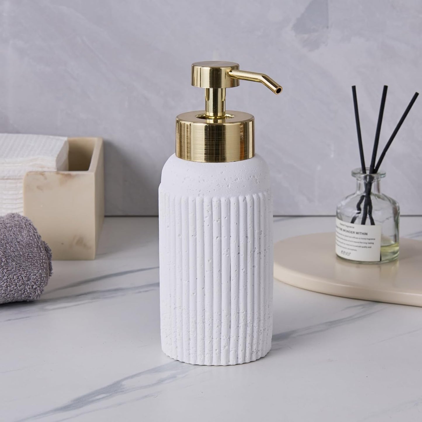 White Travertine Textures Bathroom Accessories Set 3 Pcs for Countertop - Toothbrush Holder Cup, Foaming Soap Dispenser, Soap Dish - Modern Resin Bathroom Décor Accessory Set for Housewarming Gift