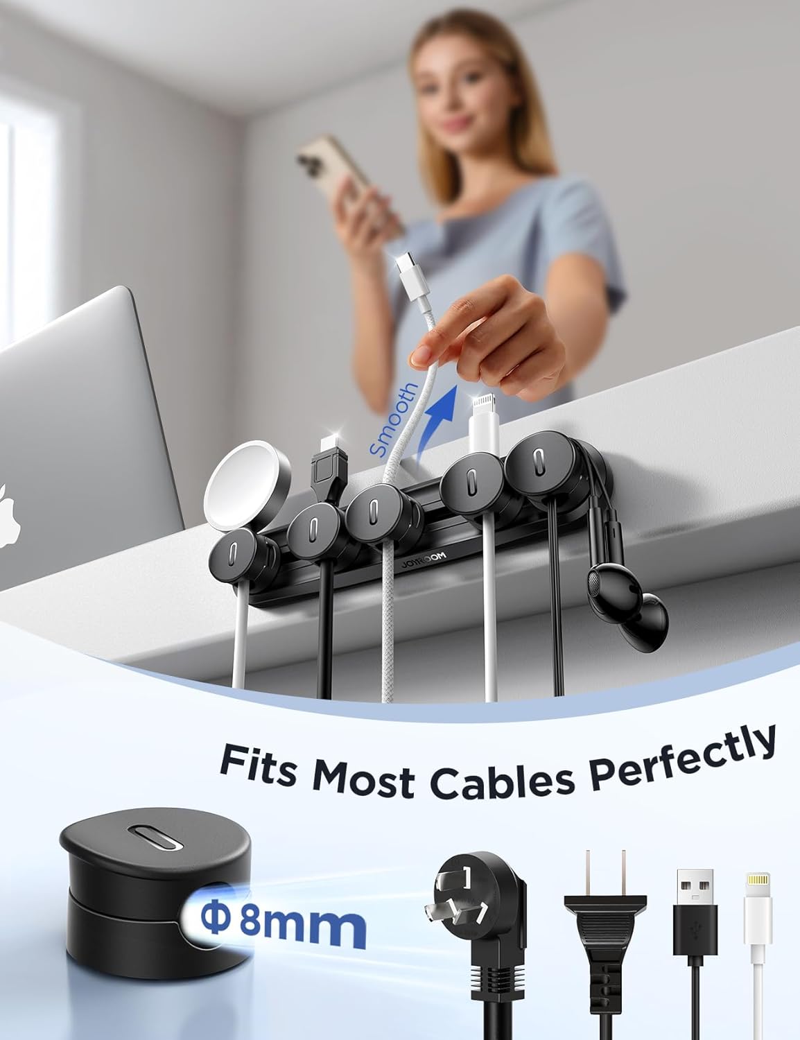 5-in-1 Magnetic Cord Organizer JOYROOM Cable Clips[Adjustable Sliding Track] Under Desk Adhesive Cord Management Wire Keeper for Computer Phone, Office Workspaces Table Organization Home Accessories