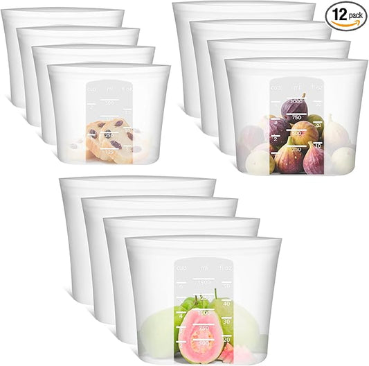 12-Pack Reusable Silicone Food Storage Bags, 100% Silicone Stand-Up Wide-Open Zip-Lock Reusable Storage Bags for Food, Freezer Microwave Oven Dishwasher Safe, Translucent, 4L 4M 4S