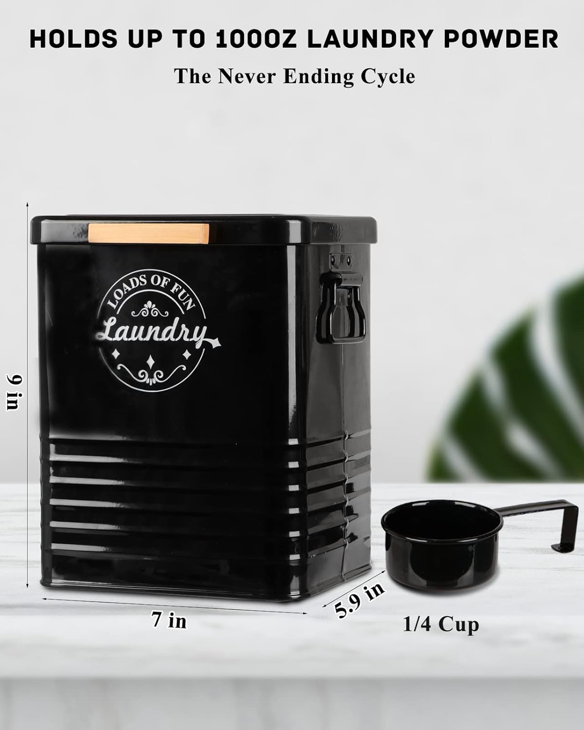 Laundry Detergent Powder Container Dispenser Holder for Laundry Room Organization. Metal Laundry Soap Dispenser with Scoop and Lid. Modern Farmhouse Laundry Room Decor and Accessories (Black)