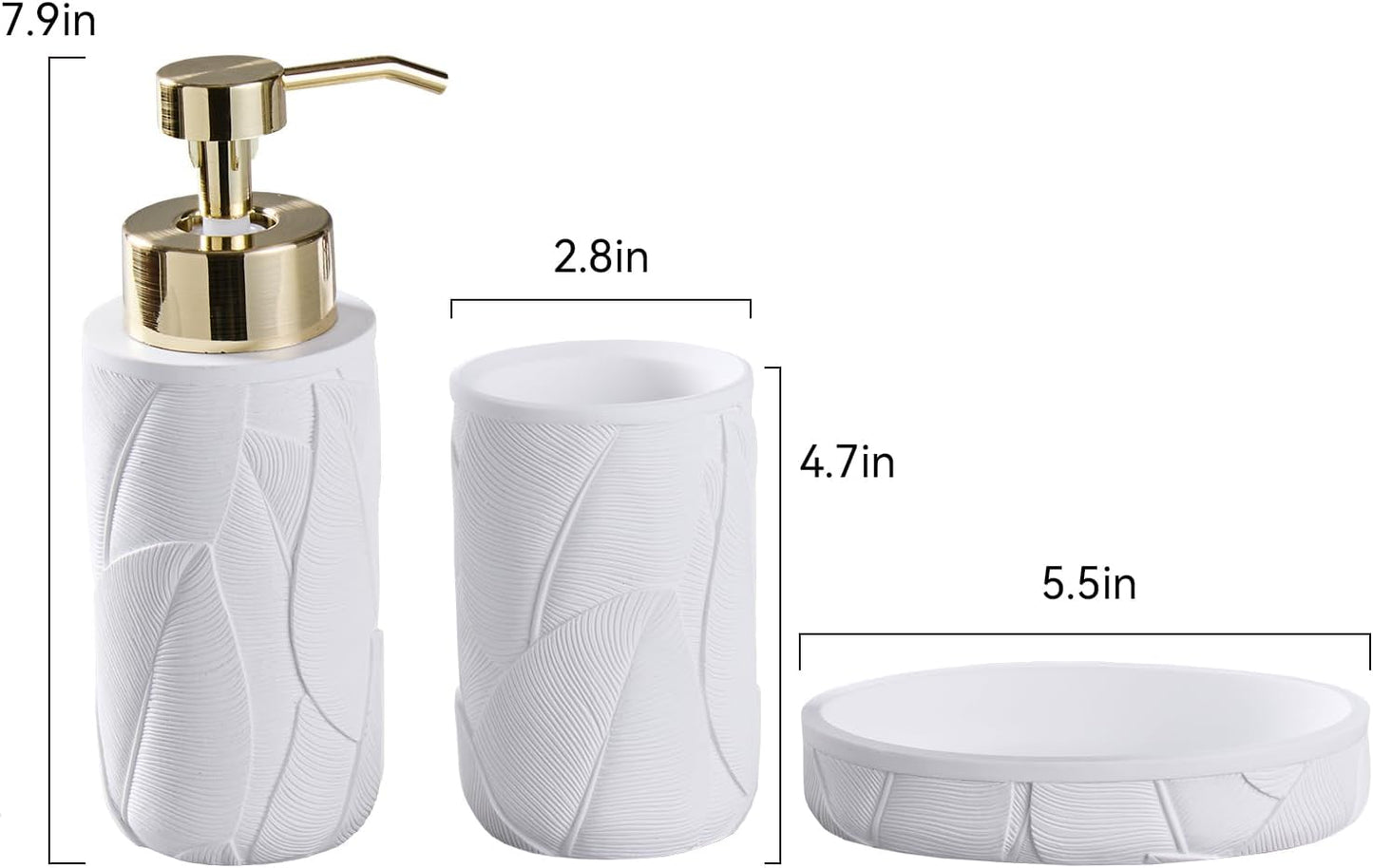 Tropical Leaves Carved Bathroom Accessories Set 3 Pcs for Countertop - Toothbrush Holder Cup, Foaming Soap Dispenser, Soap Dish - Modern Bathroom Décor Accessory Set for Housewarming Gift (White)
