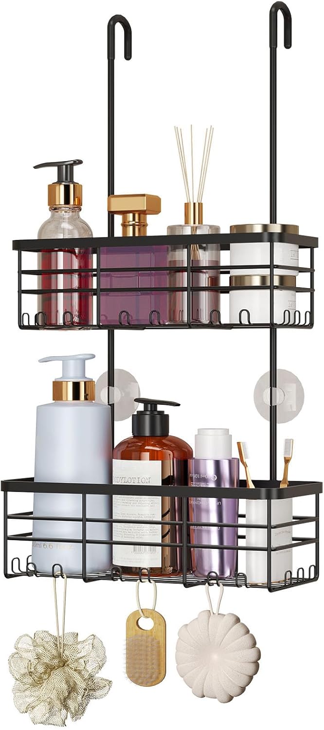 HapiRm Hanging Shower Caddy Organizer - No Drilling Shower Organizer with Hooks, Rustproof & Waterproof 304 Stainless Steel Bathroom Shelves - Black