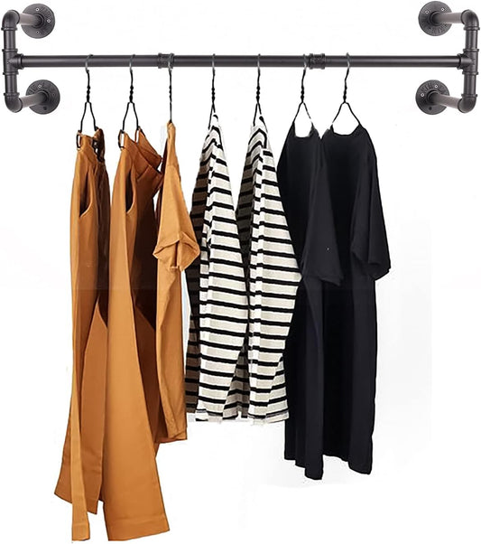 54” Wall Mounted Clothes Rack, Industrial Pipe Black Iron Garment Bar, Heavy-Duty Detachable Clothing Rod, Multi-Purpose Metal Wall display Hanging Pole for Closet Storage, Laundry Room 4 Base