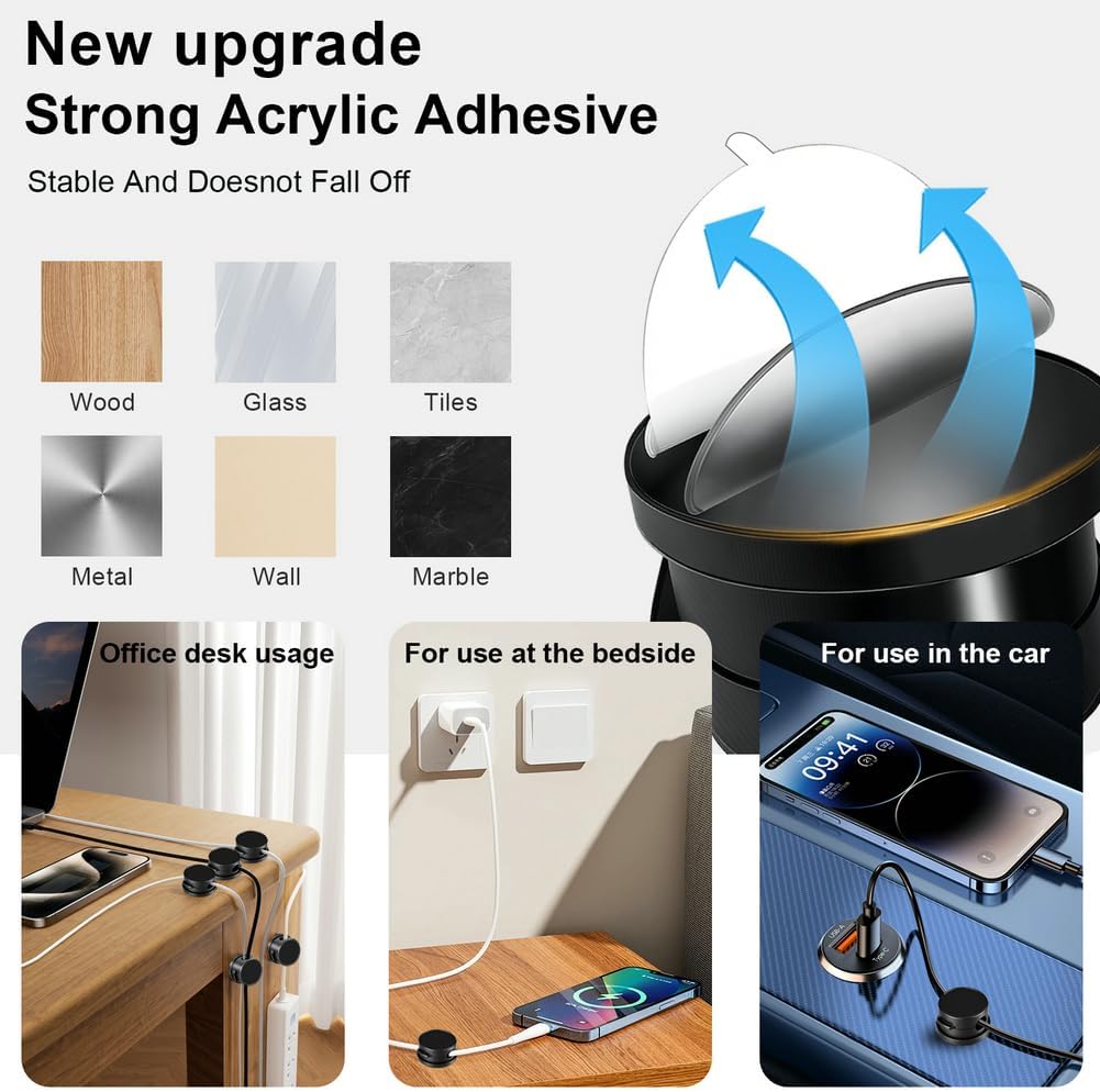 9 Pack Rotatable Magnetic Cord Organizer, Phone Cable Management, Desk Charger Cords Holder, No-Residue Adhesive Cables Clips for Kitchen, Office, Car, Nightstand（Black）