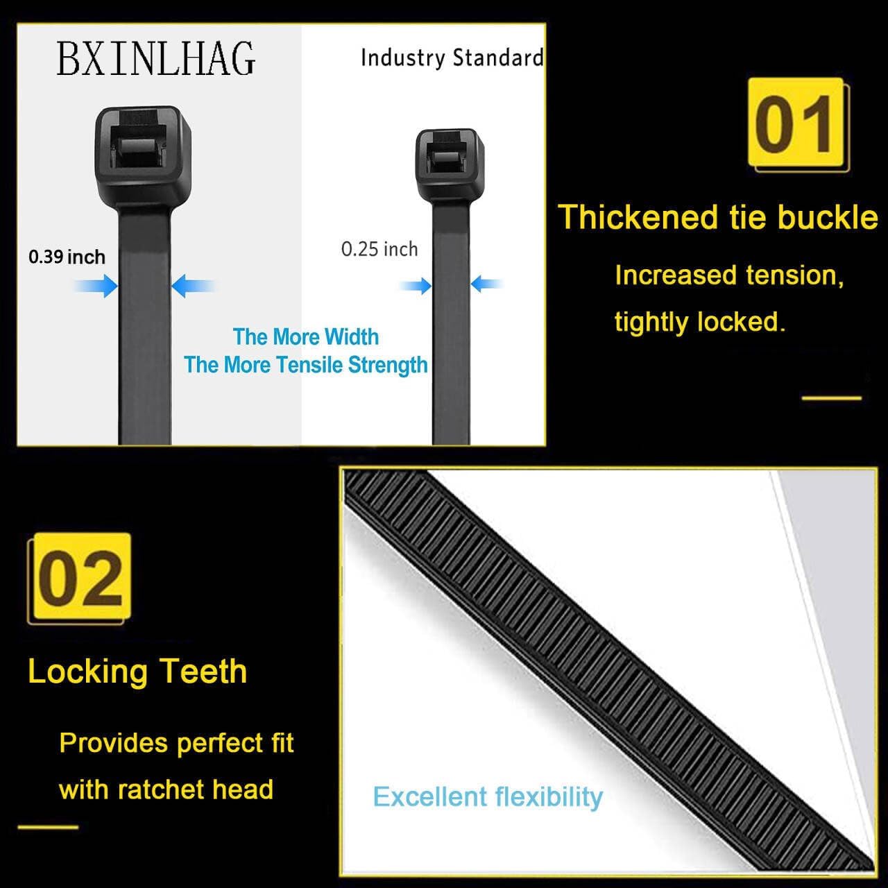 48 Inch Extra Long Heavy Duty Cable Ties, 12-Piece UV Resistant Black Nylon Zip Ties, 200 LB Tensile Strength