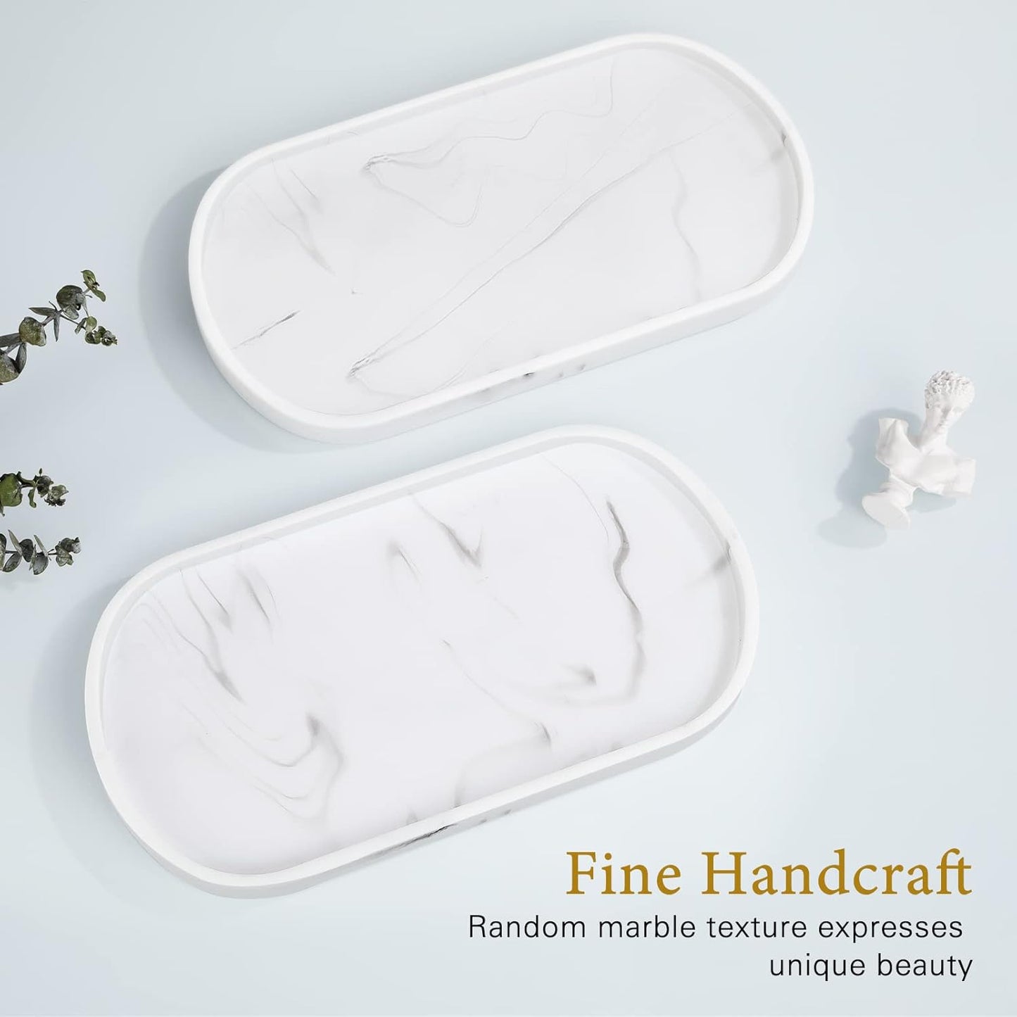 Luxspire Bathroom Vanity Tray, Handmade Resin Kitchen Sink Tray, Oval Toilet Tank Tray, Bathroom Countertop Organizer Tray for Jewelry/Perfume/Soap Dispenser/Hand Towel - 11.4 Inch, White Marble