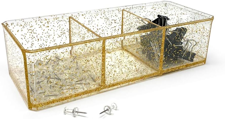 Isaac Jacobs Clear Acrylic 3 Section Organizer- Three Compartment Drawer Tray and Storage Solution for Office, Bathroom, Kitchen, Supplies, and More (Gold Glitter)